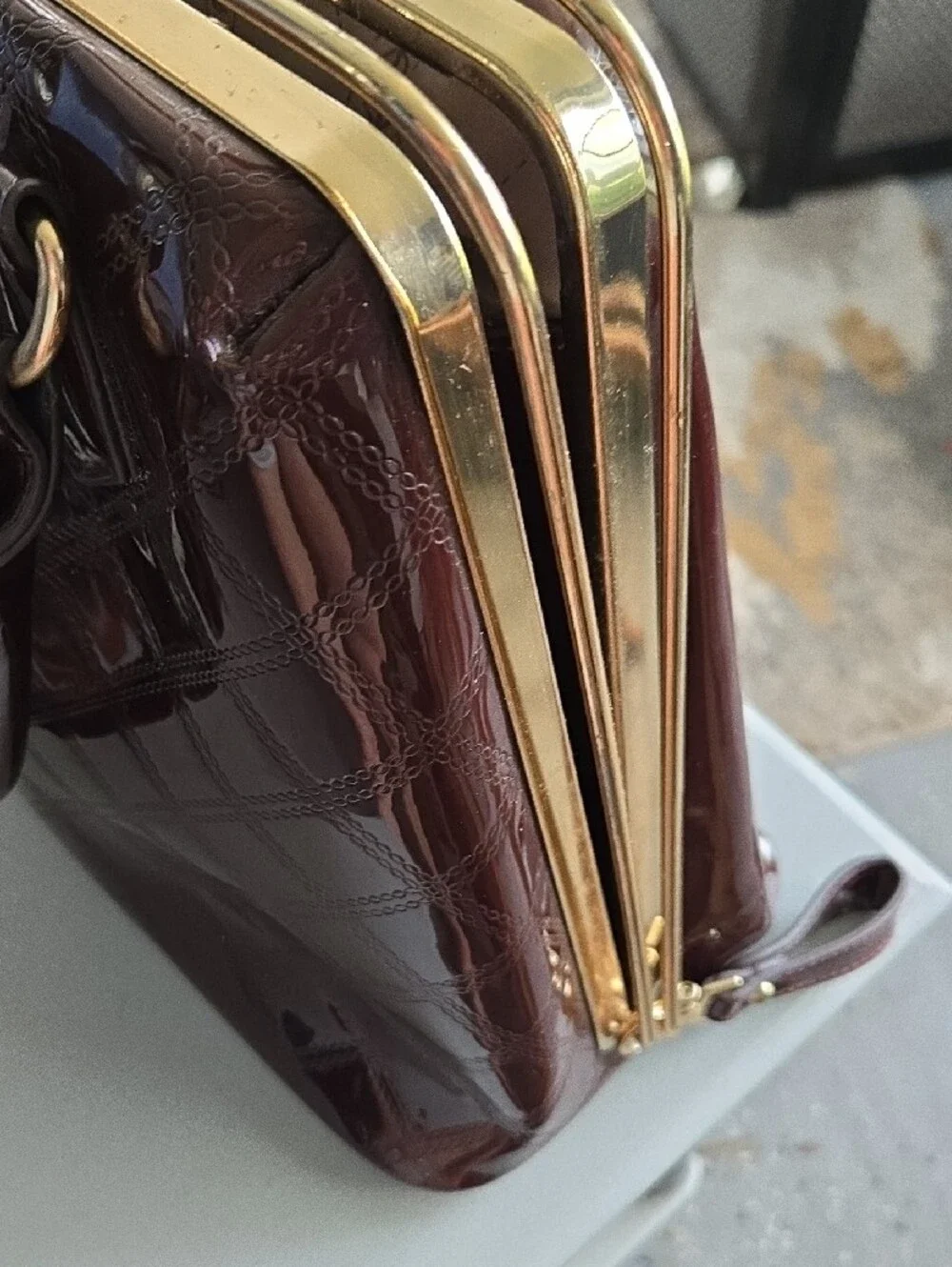 Gloss Quilted Satchel Bag in Dark Brown with Gold Frame